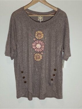 NEW Tru Self Top Pullover Preppy Flower T-Shirt Button Detail Embroidered Sz XL